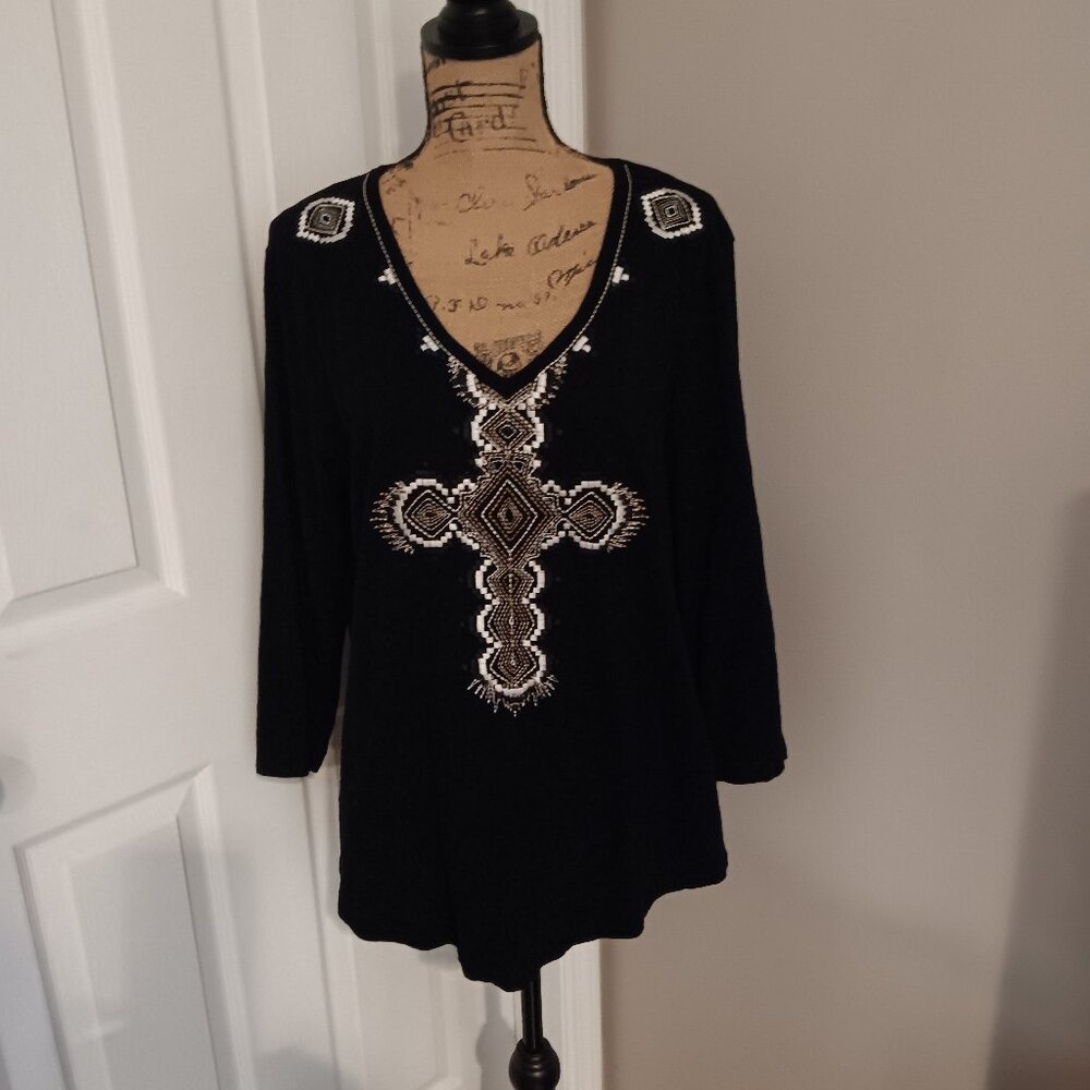 Reba Embroidered Cross Black  3/4 SleevesTop Size XL